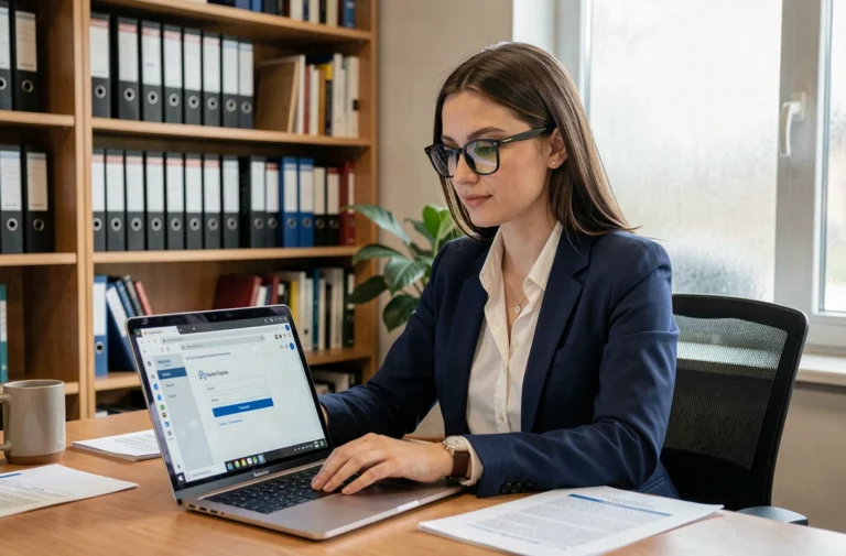 Étudiante accédant à son webmail académique Nantes sur un ordinateur portable dans un bureau universitaire