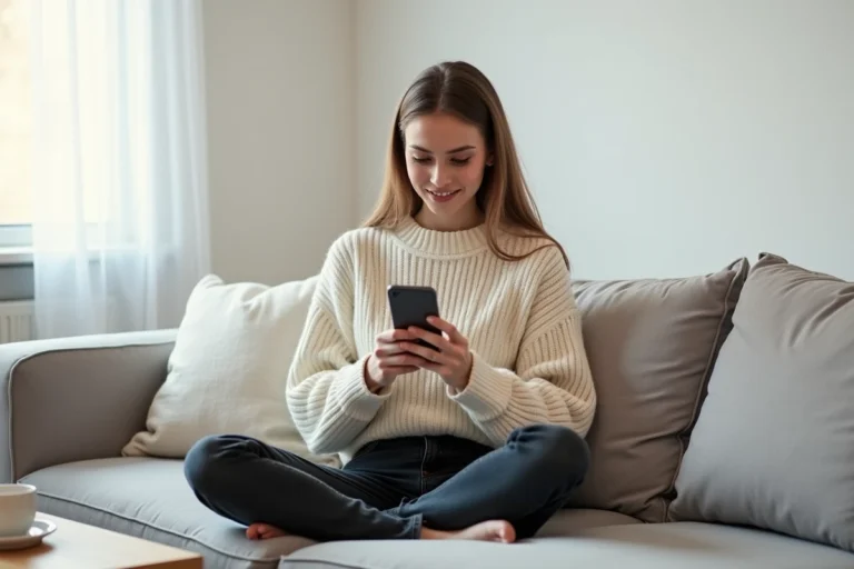 Jeune femme parcourant une application de mode sur son smartphone depuis son canapé pour faire des achats en ligne