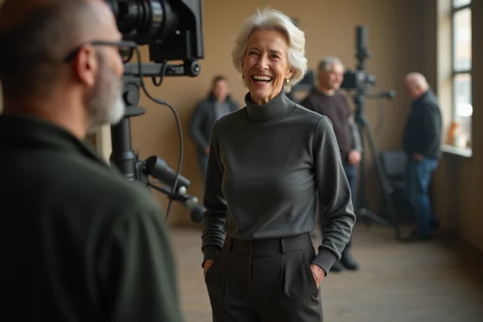 Actrice française souriante en coulisses d'un tournage, portrait naturel et candide