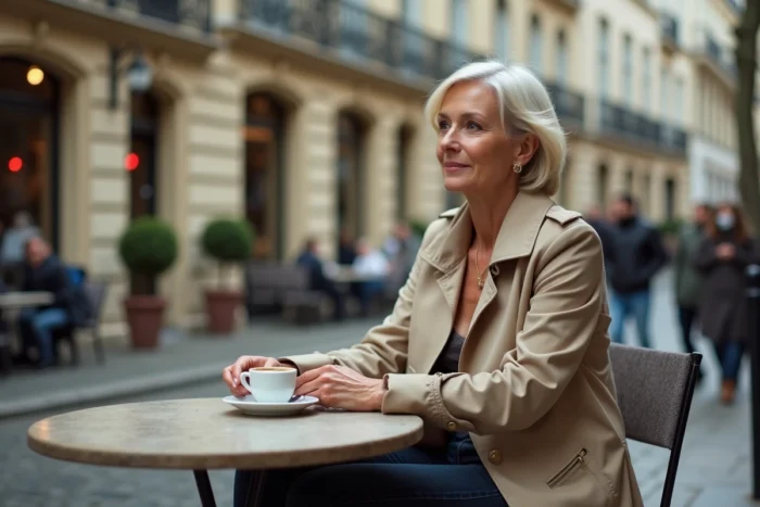 Actrice française élégante assise à une terrasse de café parisien en trench coat beige, regard pensif