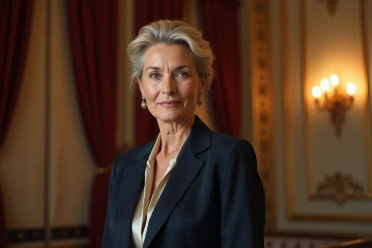 Portrait élégant d'une actrice française mature aux cheveux blonds cendrés dans un lobby de théâtre parisien