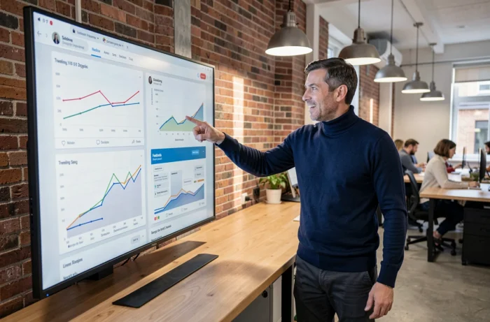 Homme présentant des tendances d'analyses web sur un grand écran interactif dans un espace de coworking