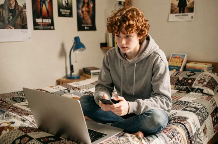 Adolescent naviguant prudemment sur internet avec un ordinateur portable et un smartphone dans sa chambre