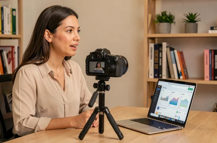 Femme enregistrant une vidéo pour son blog d'affiliation avec un tableau de bord de marketing visible sur son ordinateur