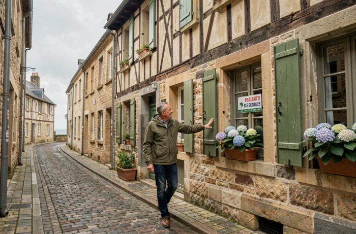 Homme d'affaires devant une agence immobilière dans une rue historique bretonne avec bâtiment à colombages rénové
