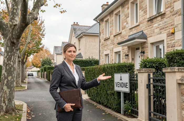 Agent immobilière en costume gris devant une maison en pierre à vendre dans une rue résidentielle française