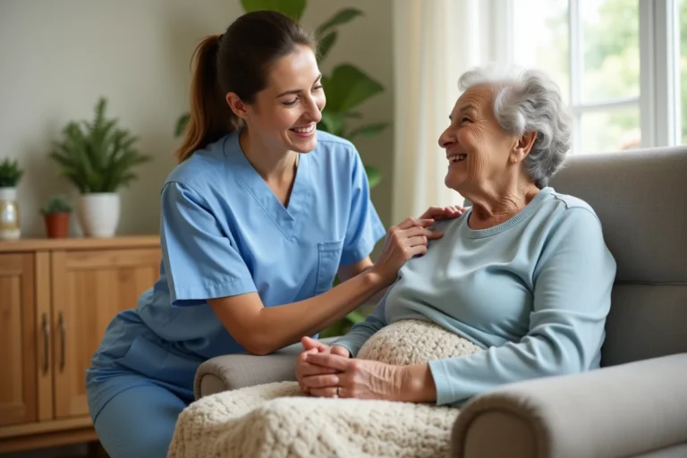 Aide à domicile professionnelle d'Âge d'Or Services accompagnant une personne âgée à son domicile