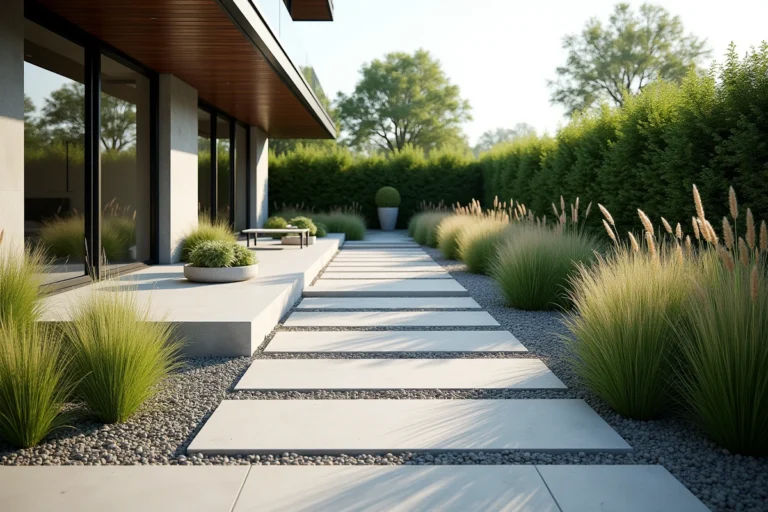 Vue d'ensemble d'un jardin contemporain moderne aménagé avec terrasses, graminées et matériaux naturels
