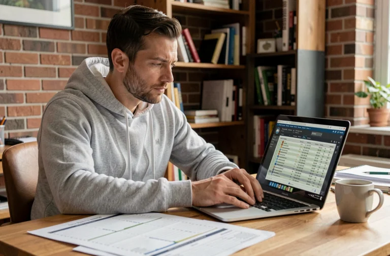 Homme analysant des statistiques de football sur ordinateur pour trouver des pronostics fiables