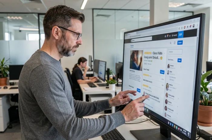 Homme analysant les avis et la réputation d'un site internet en milieu professionnel sur grand écran