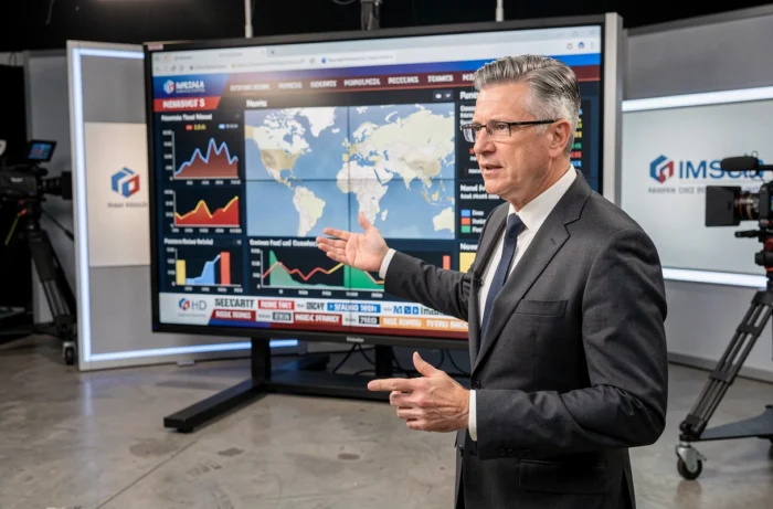 Analyste politique expliquant les données électorales et les actualités sociétales devant un écran de données dans un studio de diffusion
