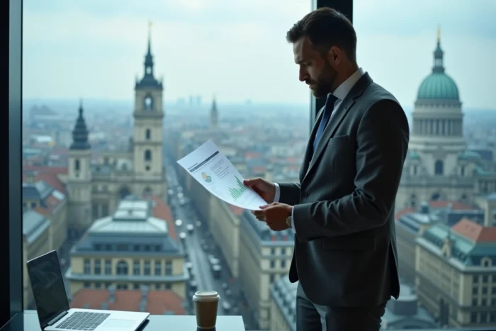 Homme d'affaires analysant un rapport de marché devant une fenêtre panoramique d'un immeuble de bureaux européen