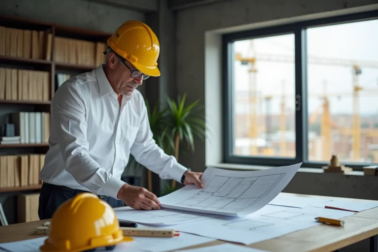 Architecte examinant des plans techniques liés aux normes de sécurité NF P 01-012 et NF P 01-013 dans un bureau de chantier
