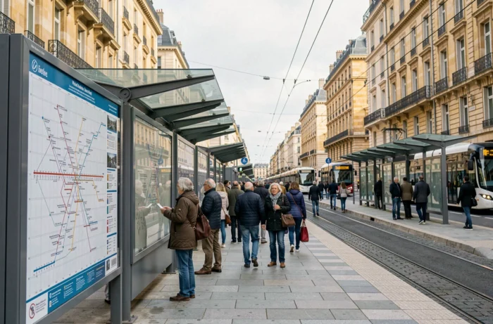 Arrêt de tramway et bus à Bordeaux avec panneau de plan du réseau de transport urbain