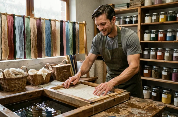 Artisan fabriquant du papier recyclé à la main dans un atelier de papeterie artisanale avec des feuilles colorées en séchage en arrière-plan