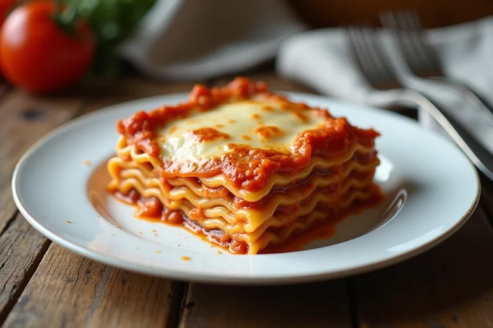 Assiette de lasagnes réchauffées au micro-ondes avec une texture moelleuse et des couches de sauce bien visibles