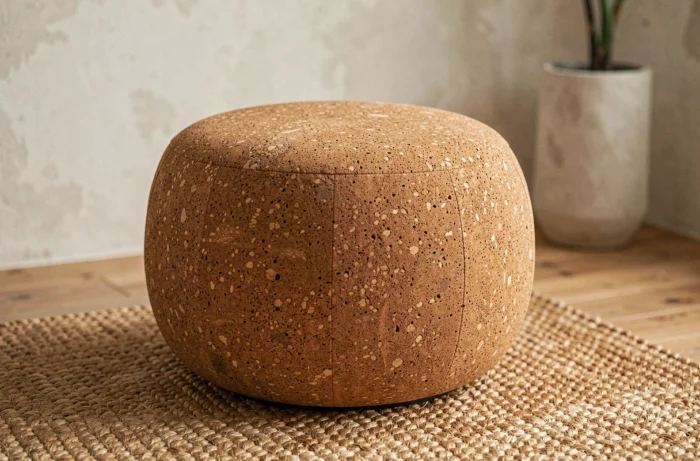 Pouf ou tabouret en liège expansé aux tons ambre naturels, posé sur un tapis en fibre naturelle dans un intérieur contemporain