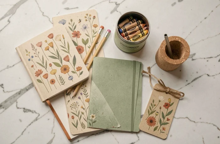 Assortiment de produits de papeterie éco-responsable en vue de dessus sur marbre blanc avec cahiers en papier de graines, crayons en bambou et marque-pages plantables