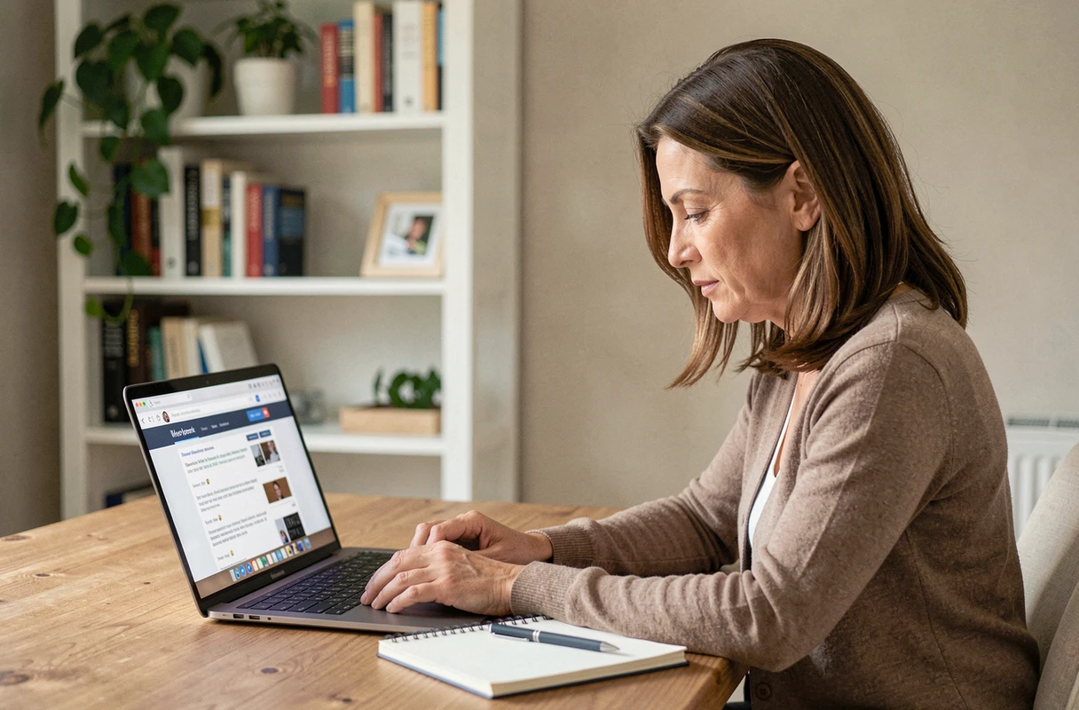 Femme lisant des avis clients sur La Centrale Eco depuis son bureau à domicile avant un achat de voiture