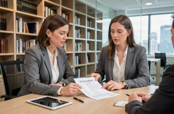 Avocate expliquant les annonces de liquidation judiciaire à un client dans un cabinet juridique moderne