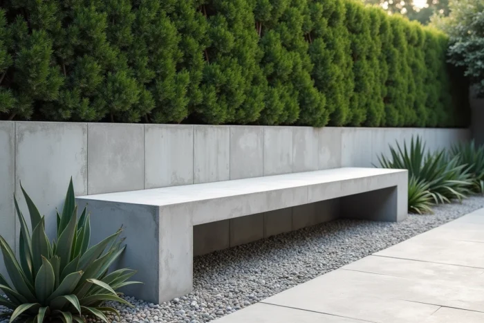 Banquette en béton moulé en prolongement d'un muret dans un jardin contemporain minimaliste