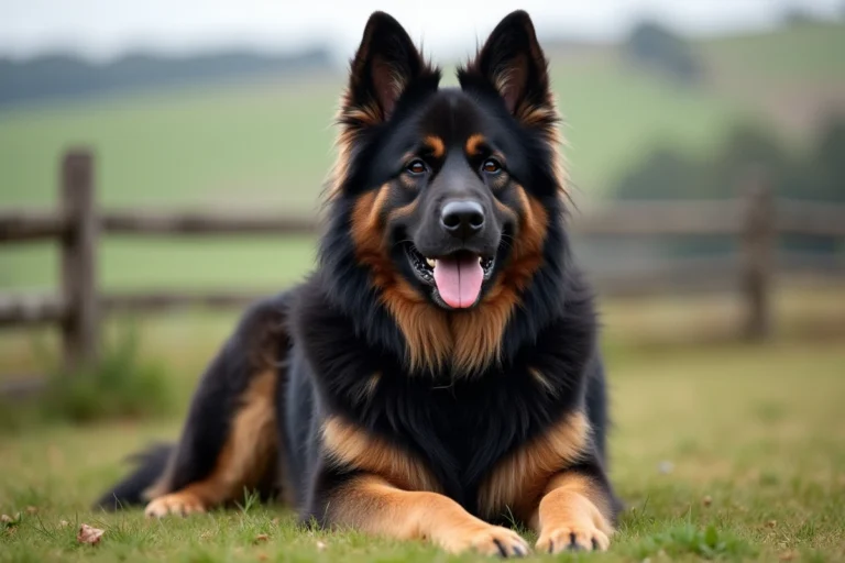 Berger allemand croisé terre-neuve assis dans un champ herbeux, montrant son pelage épais et son expression calme et attentive