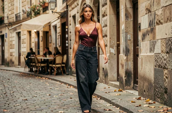 Femme portant un body satiné bordeaux à décolleté en V avec un jean taille haute, marchant dans une rue pavée d'un quartier européen pittoresque