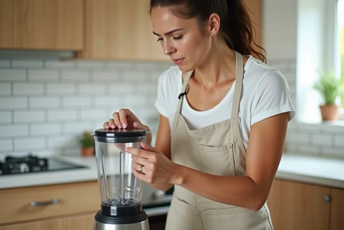 Femme tentant de dévisser un bol de blender bloqué sur son socle dans une cuisine moderne