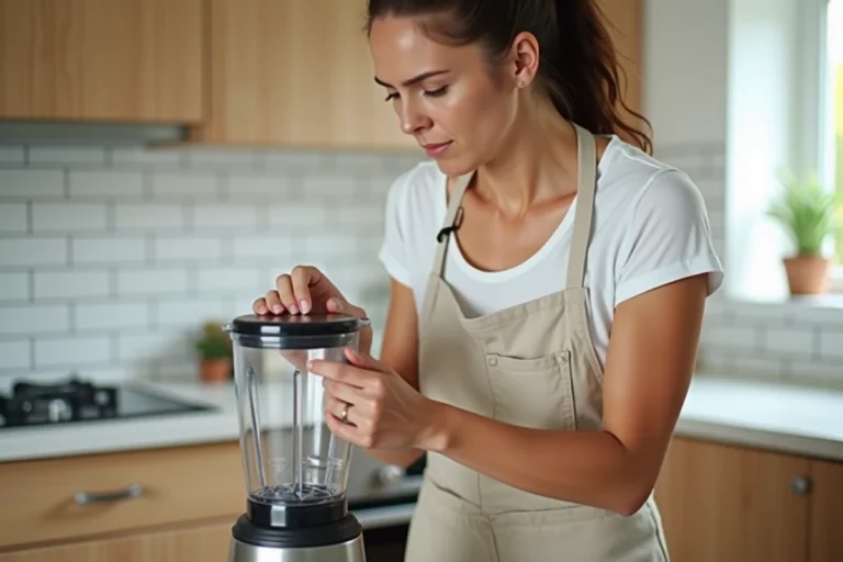 Femme tentant de dévisser un bol de blender bloqué sur son socle dans une cuisine moderne
