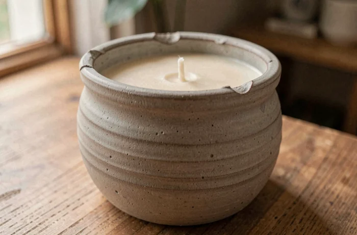 Bougie artisanale coulée dans un contenant de récupération en grès aux parois épaisses et à la glaçure brute