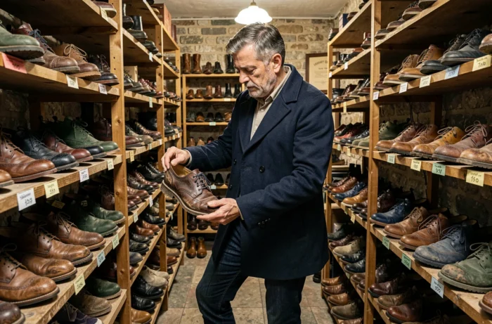 Homme examinant des chaussures Oxford vintage dans une boutique de la Marché aux Puces de Saint-Ouen