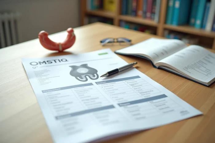 Bureau médical avec rapport d'échographie obstétricale, schéma de mesure du sac gestationnel et notes cliniques manuscrites