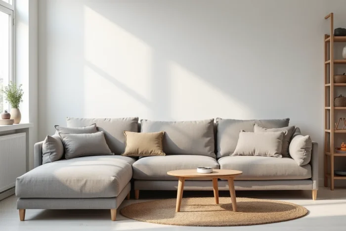 Canapé modulable à housse lavable en tissu recyclé gris-beige dans un salon scandinave fonctionnel