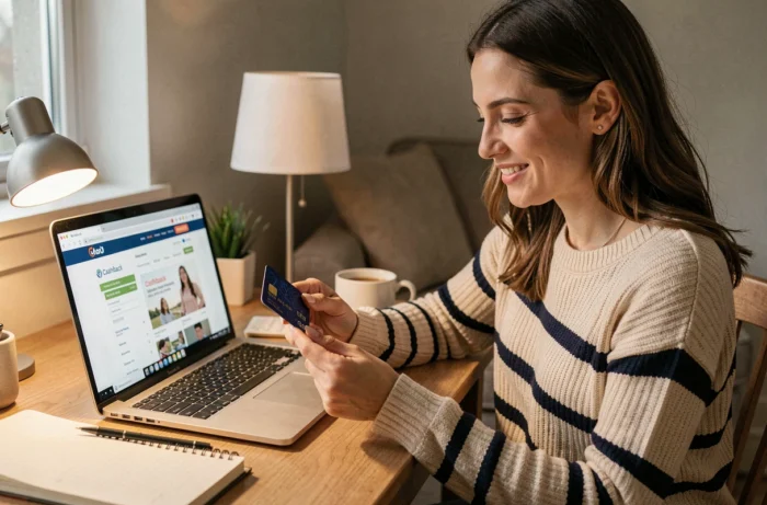 Femme utilisant un site de cashback sur son ordinateur lors d'un achat en ligne avec sa carte bancaire