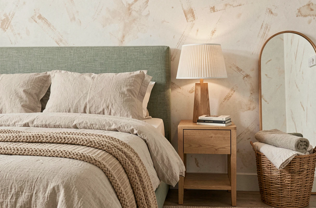 Coin chambre tendance avec tête de lit en lin vert sauge, literie en coton et mur en stuc chaux vieilli