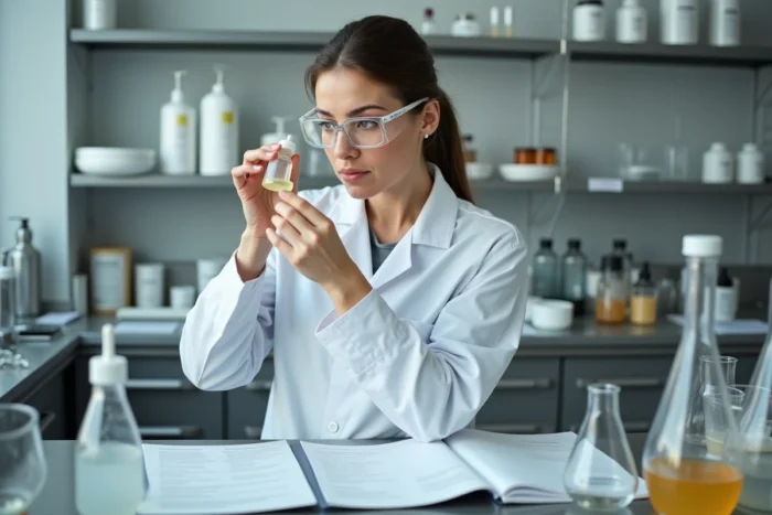 Chercheuse en cosmétique analysant une substance cireuse en laboratoire, science des ingrédients de rouge à lèvres