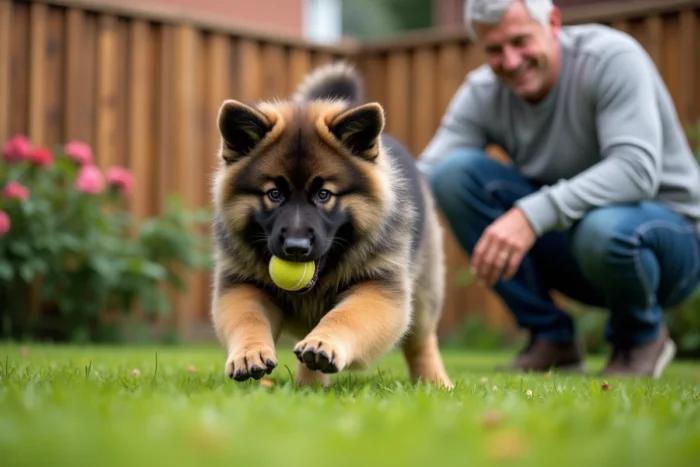 Chiot berger allemand croisé terre-neuve jouant dans un jardin avec son propriétaire, tenant une balle dans la gueule