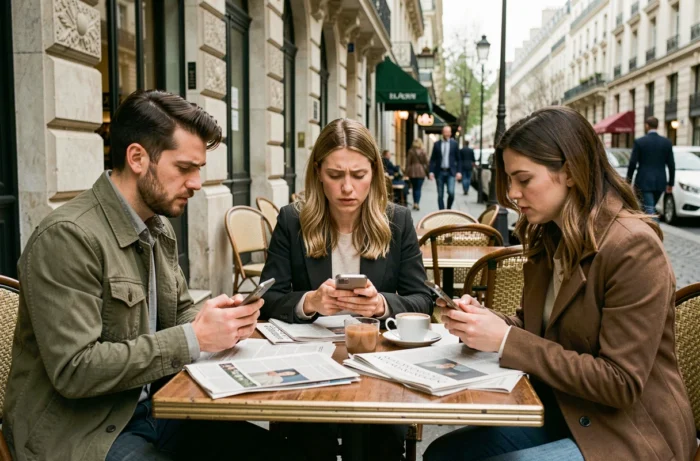 Groupe de citoyens lisant les dernières actualités politiques et sociétales sur leurs smartphones dans un café parisien