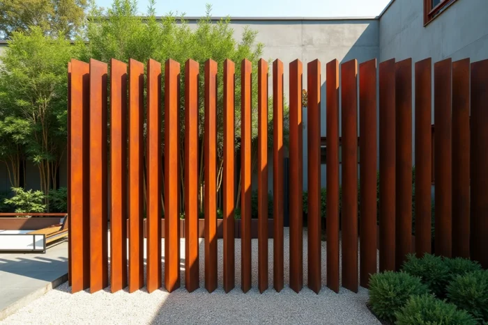 Claustra en acier Corten structurant les zones d'un jardin contemporain sans cloisonner