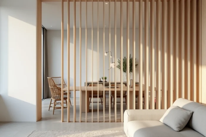 Claustra intérieur en tasseaux de bois chêne créant une séparation semi-ouverte dans un intérieur nordique