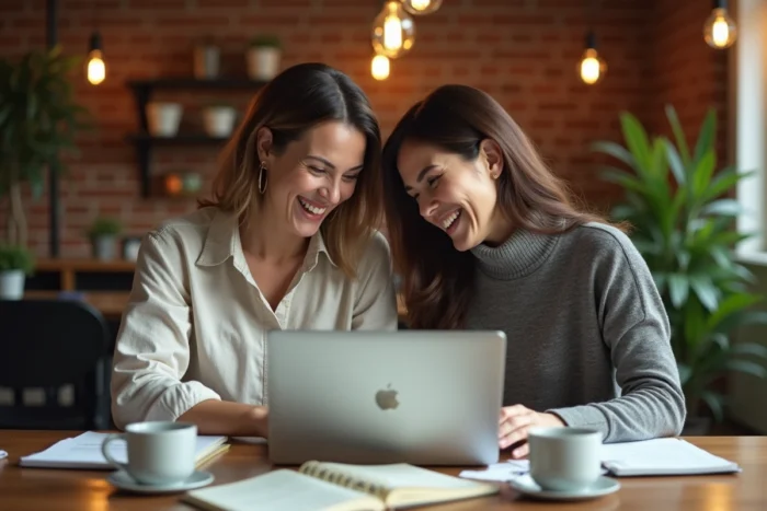 Deux créatrices de contenu collaborant autour d'un ordinateur portable dans un espace de coworking créatif