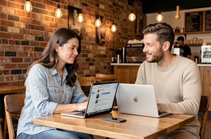 Deux collègues collaborant sur une stratégie de contenu pour les réseaux sociaux dans un café urbain moderne