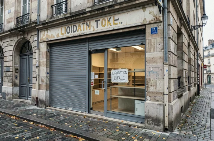 Devanture de commerce fermé avec affiche de liquidation totale sur une rue française pavée