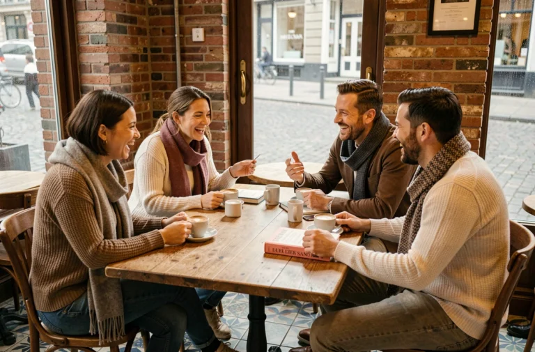 Groupe de francophones réunis autour d'un café dans un bistrot bruxellois typique
