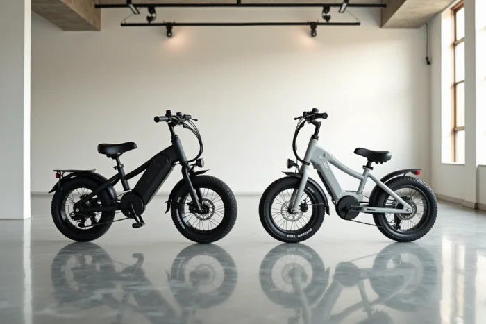 Deux draisiennes électriques comparées côte à côte dans un showroom minimaliste, détail des composants et des designs contrastés