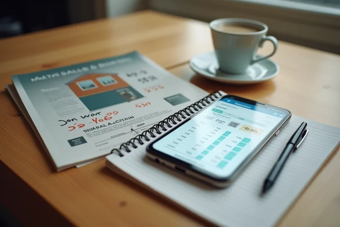 Vue aérienne d'une table avec smartphone affichant une application de comparaison de taux bancaires et un carnet de notes manuscrites