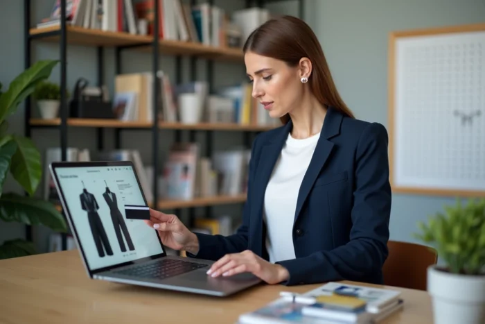 Femme comparant des vêtements sur un ordinateur portable lors d'un achat de mode en ligne depuis son bureau à domicile