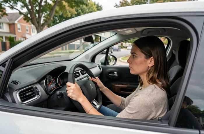 Conductrice de Citroën C3 observant un voyant allumé sur le tableau de bord depuis son siège