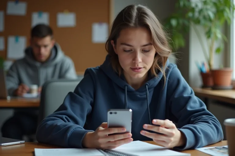 Étudiante configurant un mail académique Strasbourg sur son smartphone Android dans sa chambre universitaire