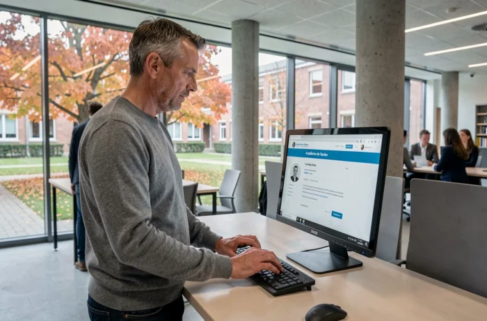 Enseignant se connectant au portail mail académique de Nantes depuis un espace de travail universitaire moderne